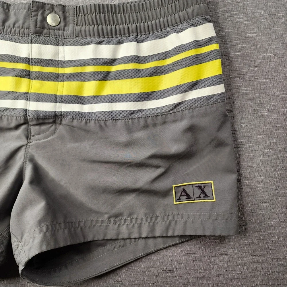 Armani Exchange Mens Gray Yellow Striped Swim Trunks Shorts Size Small AX Logo